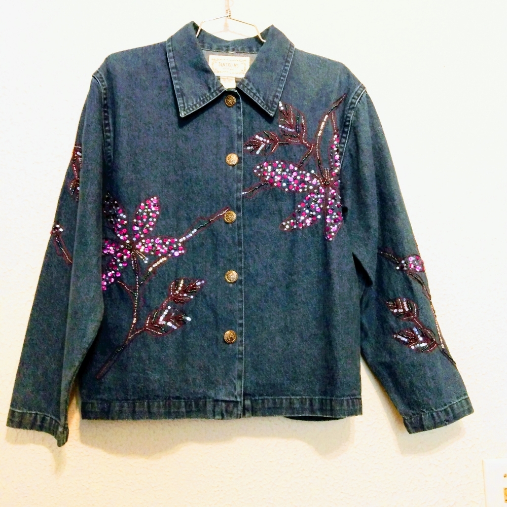 Tantrum Blue Denim Sequin Embroidered Pockets Button Jean Jacket sz S